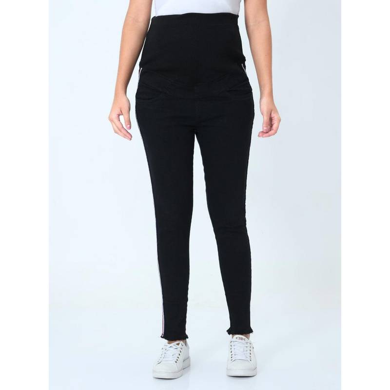 The Mom Store Distress Taped Maternity Denims with Belly Support-Black (2XL)