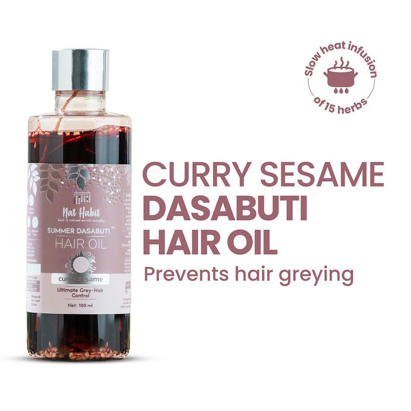 Nat Habit Curry Sesame Grey Hair Control Summer Ayurvedic Oil with Indigo and Curry Leaves