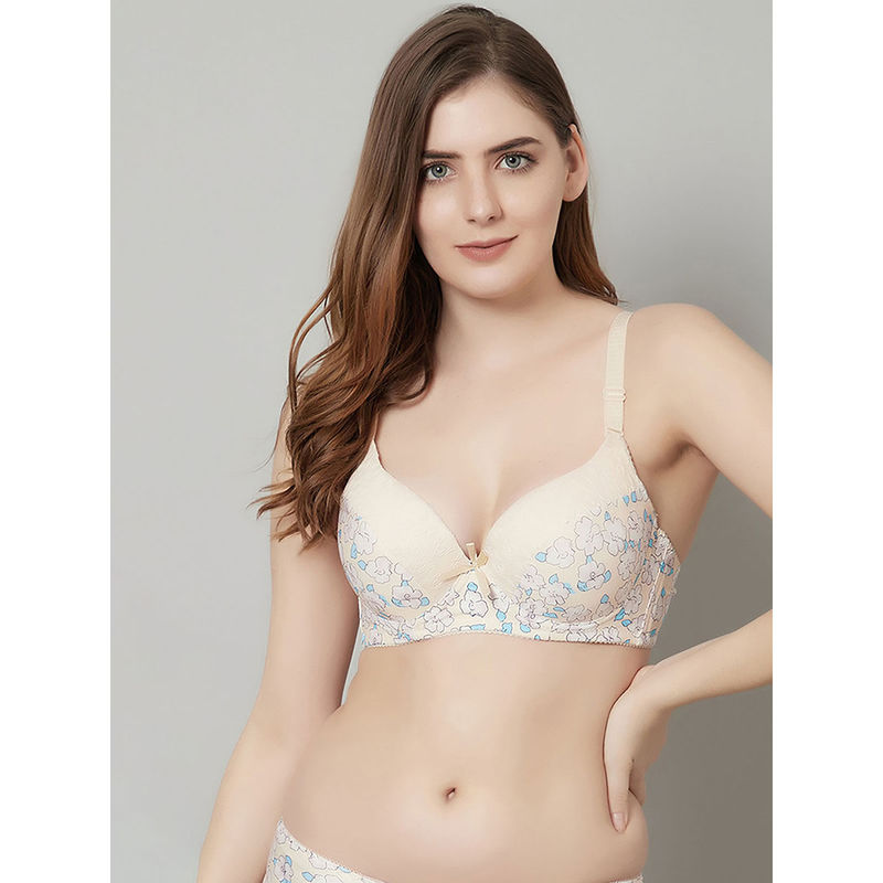 PrettyCat Beautiful Floral Print Lighty Padded T-Shirt Bra - Beige (32C)
