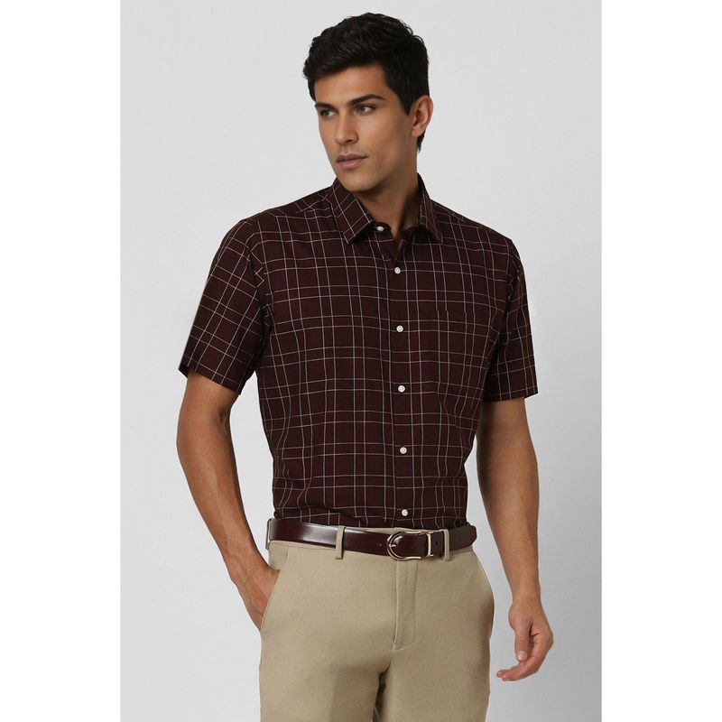 Van Heusen Men Brown Checks Half Sleeves Casual Shirt (38)