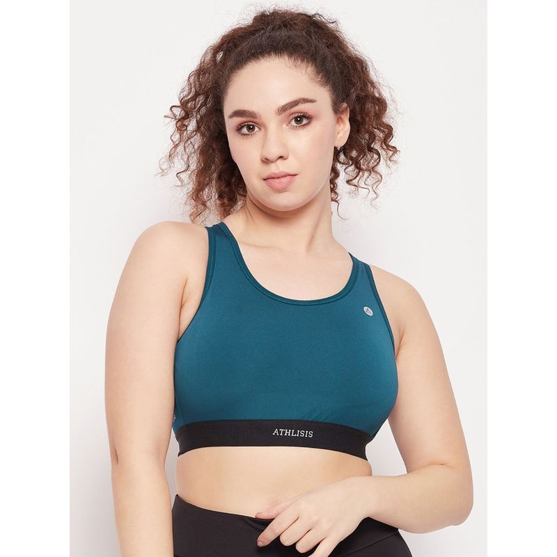 Athlisis Teal Solid Non-Wired Lightly Padded Styled Back Workout Bra (L)