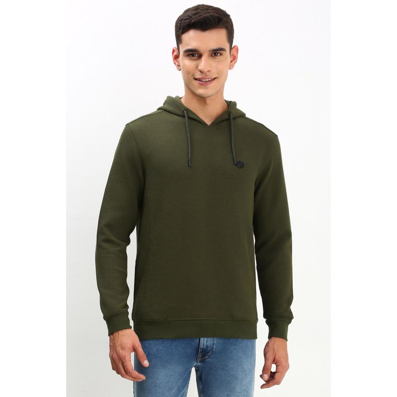 Allen Solly Men Olive Hooded Neck Full Sleeves Casual Sweatshirt (S)