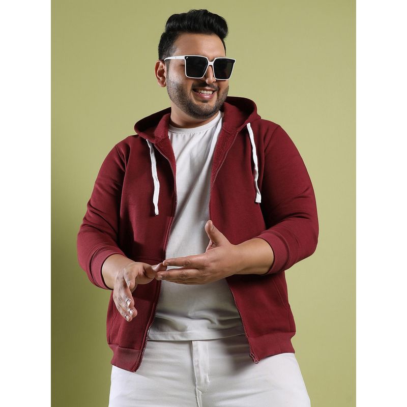 Instafab Plus Mens Maroon Red Zip-Front Hoodie with Contrast Drawstring (3XL)