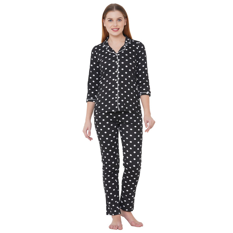 Sweet Dreams Women's Polka Print 3/4th Sleeve Front Open Cotton Rich Top   Pyjama Set   Black