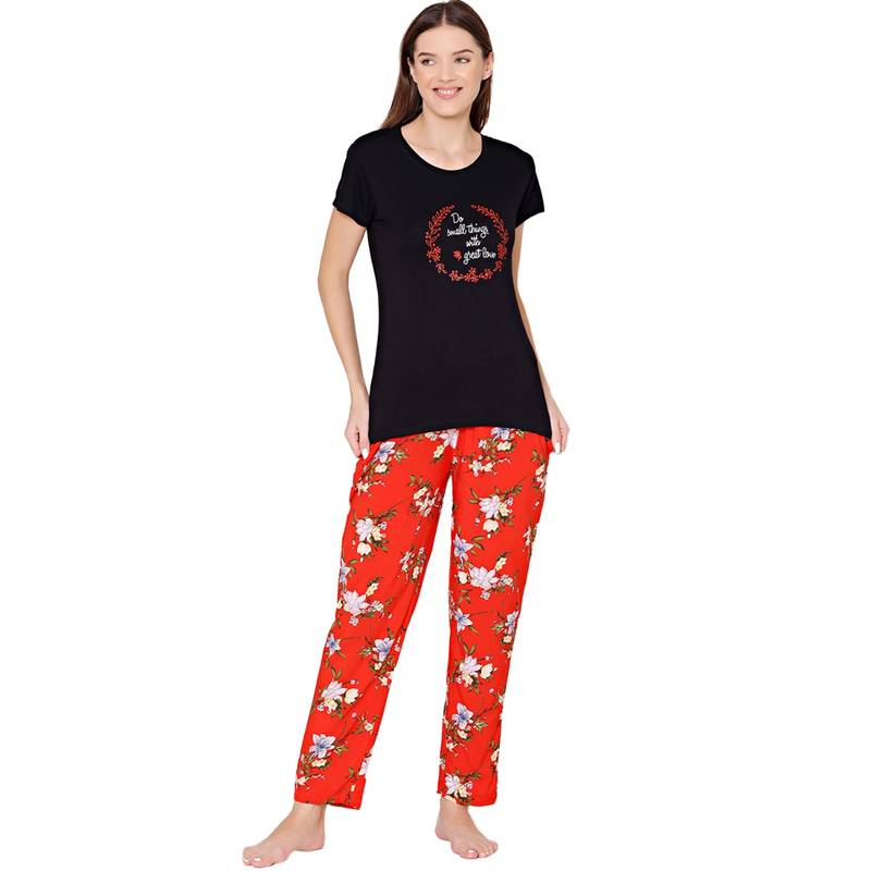 Bodycare Womens Modal Spandex Printed T-Shirt & Pyjama BSLS14003 Black (Set of 2) (M)
