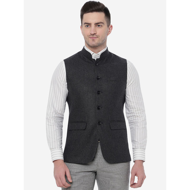 JB Studio Men Grenish Black Solid Bandhgala Jacket (38)
