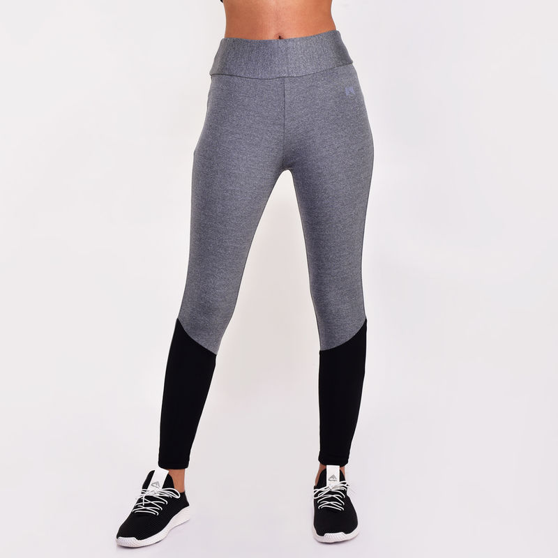 Muscle Torque Women Gym/Yoga Tight - Grey Melange With Solid Black (XXL)