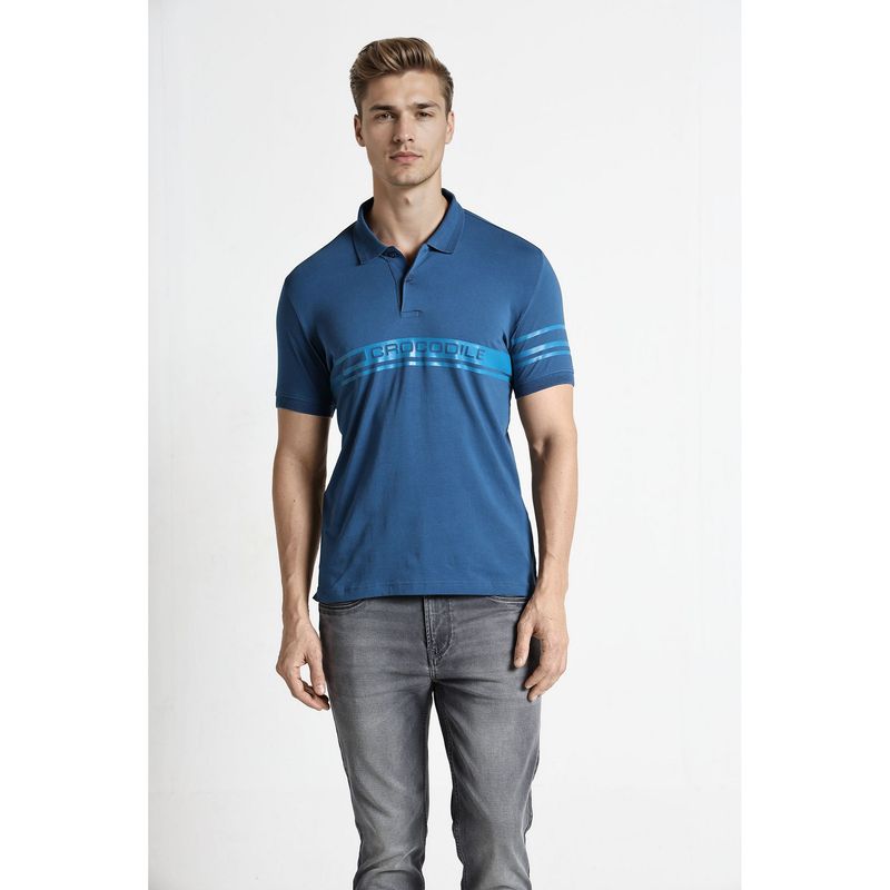 Crocodile Men Blue Cotton Lycra Stripes Slim Fit Polo T-Shirt (S)