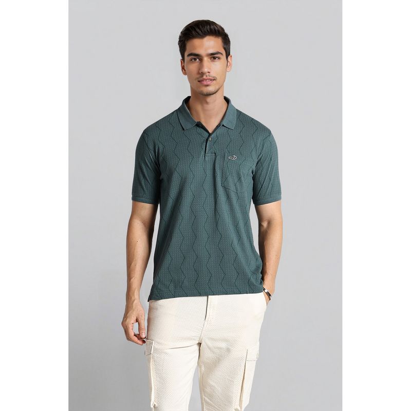 Crocodile Men Green Cotton Geometric Slim Fit Polo T-Shirt (L)