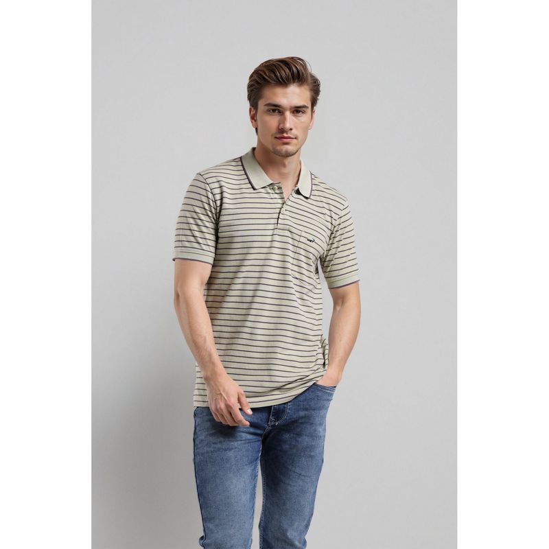 Crocodile Men Green Cotton Stripes Comfortable Fit Polo T-Shirt (S)