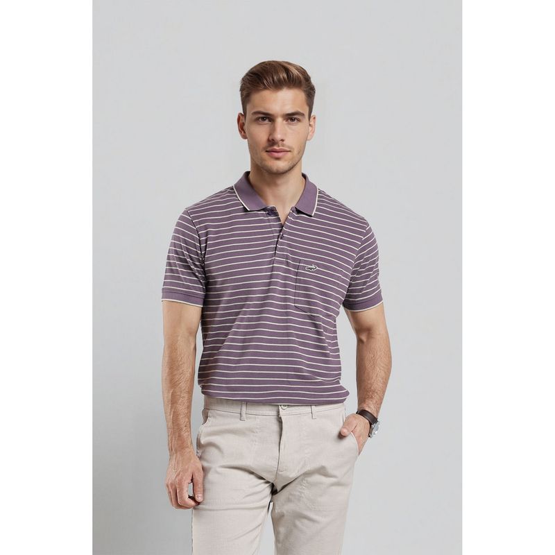 Crocodile Men Purple Cotton Stripes Comfortable Fit Polo T-Shirt (M)