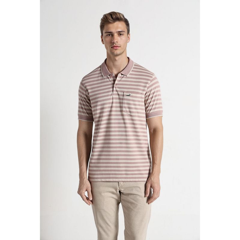 Crocodile Men Mauve Cotton Stripes Relaxed Fit Polo T-Shirt (XL)