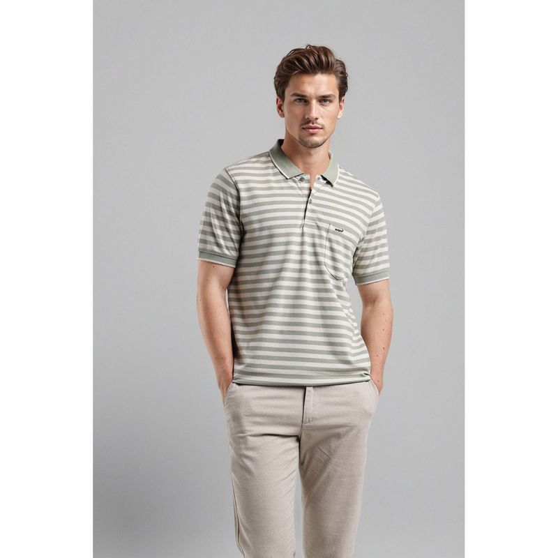 Crocodile Men Green Cotton Stripes Comfortable Fit Polo T-Shirt (S)