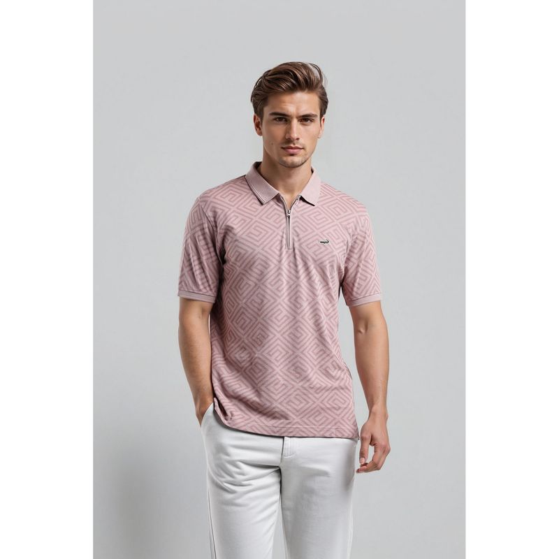 Crocodile Men Pink Cotton Geometric Slim Fit Polo T-Shirt (L)