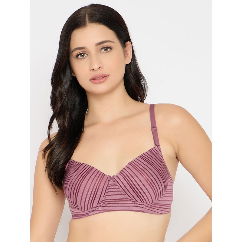 Clovia Polyamide Stripes Padded Full Cup Wire Free T-Shirt Bra - Maroon (40B)