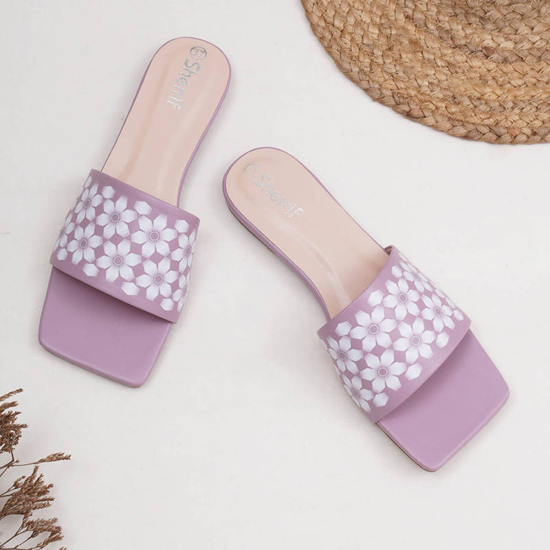 Sherrif Shoes Women Lavender Printed Square Toe Flats (EURO 37)