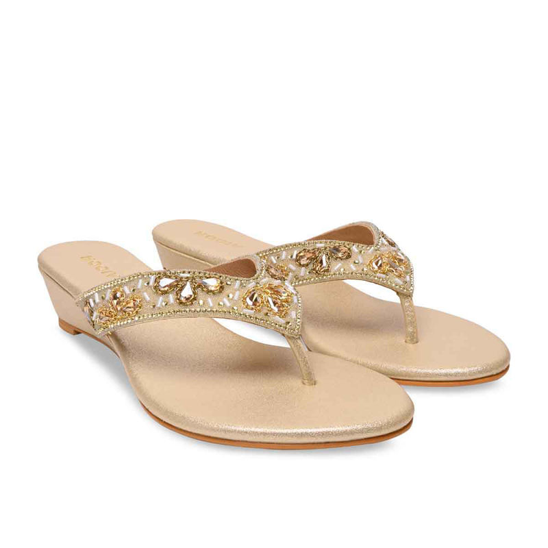 ROCIA By Regal Gold Women Embroidered Wedge Heels Sandals (EURO 36)
