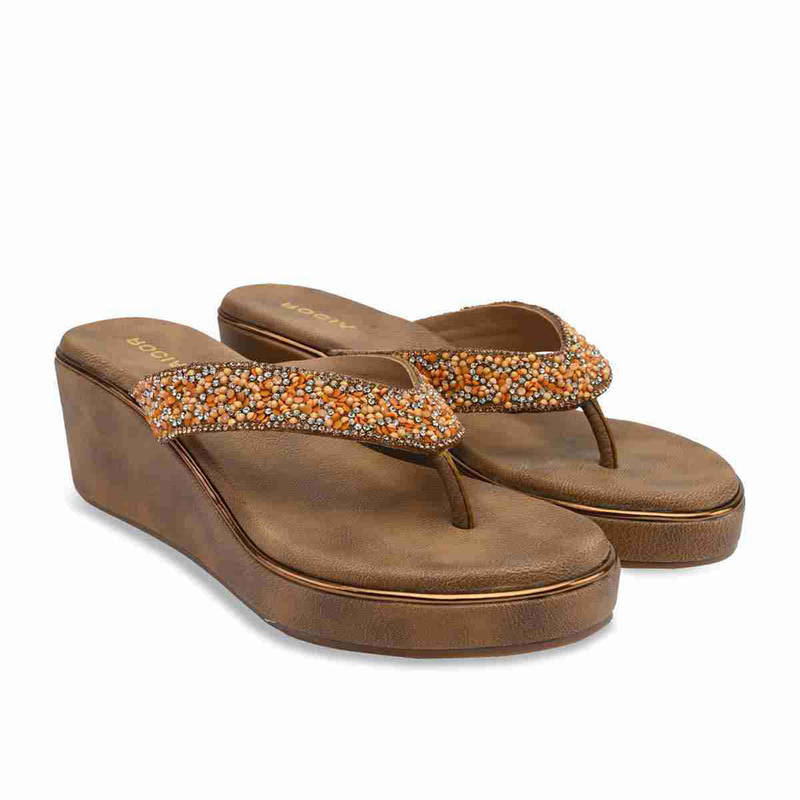 ROCIA By Regal Antique Gold Women Embroidered Wedges Heels Sandals (EURO 36)