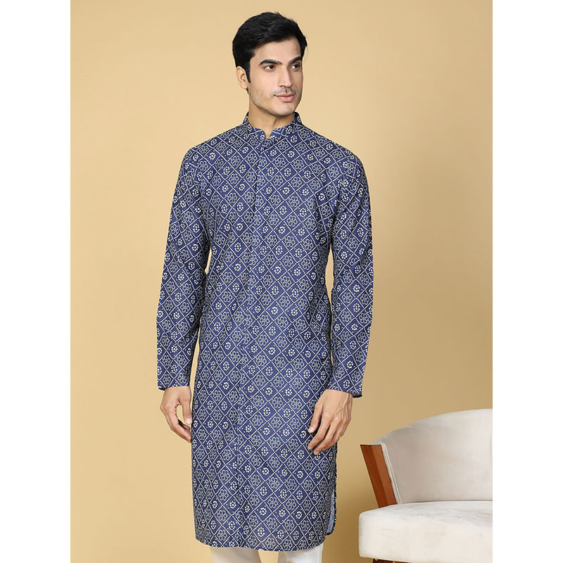 TABARD Cotton Full Sleeve Regular Fit Printed Blue Kurta for Men (S)