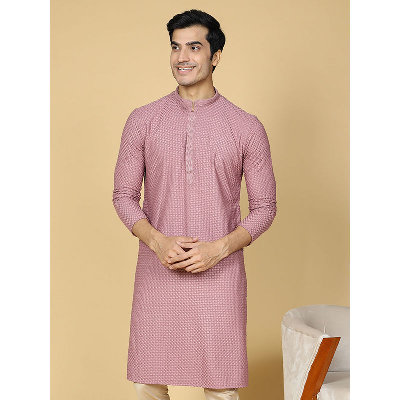 Tabard Cotton Full Sleeve Regular Fit Chikankari Embroidery Purple Kurta For Men (S)