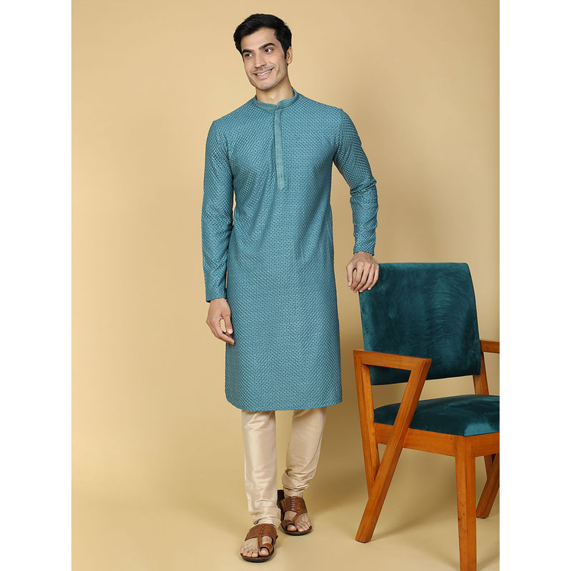 Tabard Cotton Full Sleeve Regular Fit Chikankari Embroidery Green Kurta Set For Men (S)