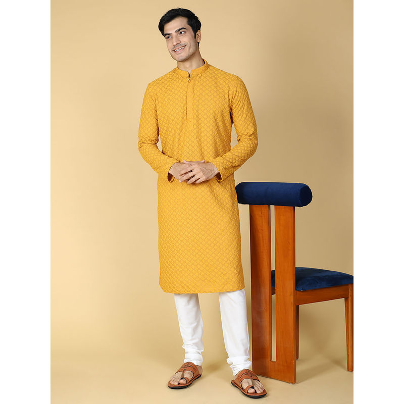 Tabard Cotton Full Sleeve Regular Fit Chikankari Embroidery Yellow Kurta Set For Men (S)