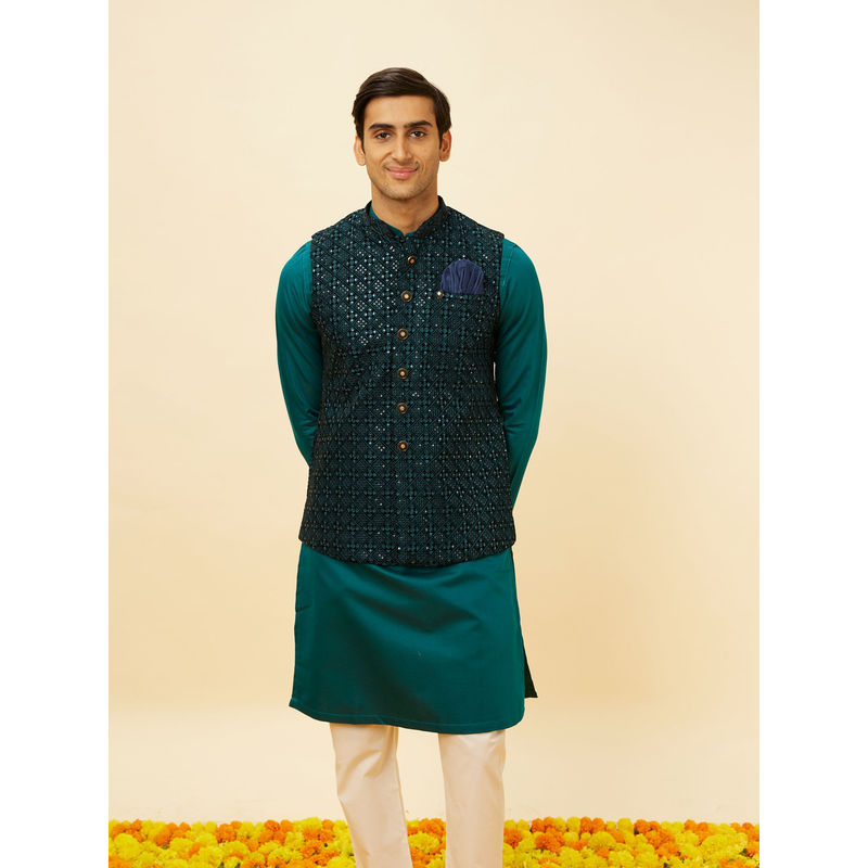 Manyavar Mens Blue Velvet Jacket (M)
