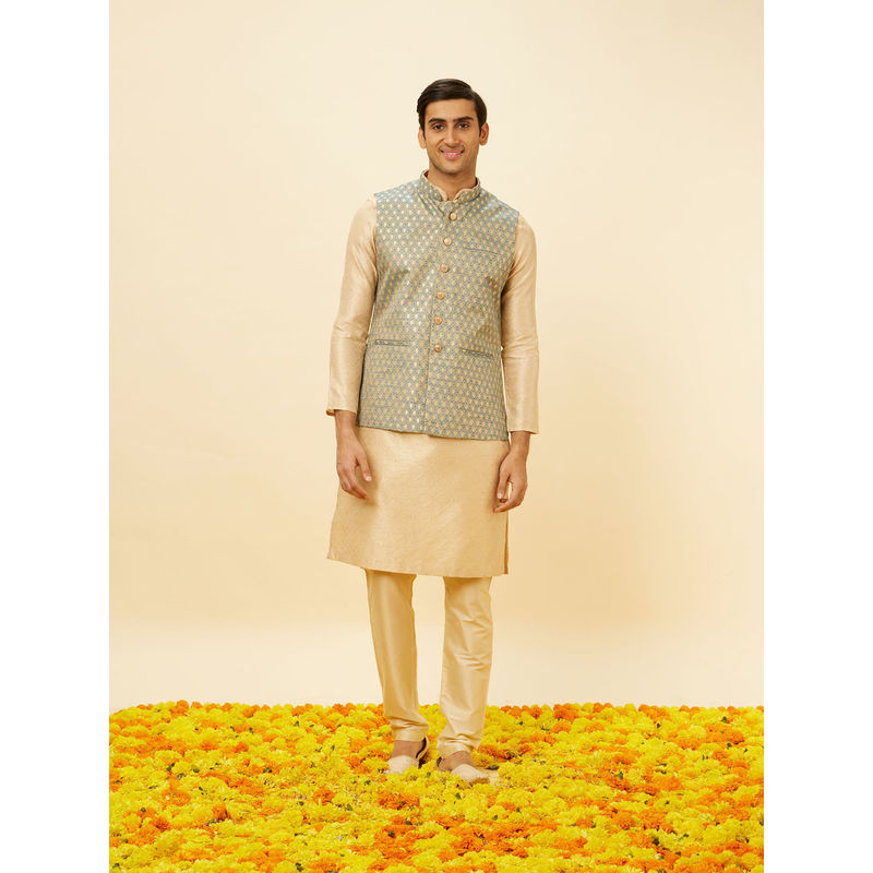 Manyavar Mens Blue Art Silk Jacket (S)