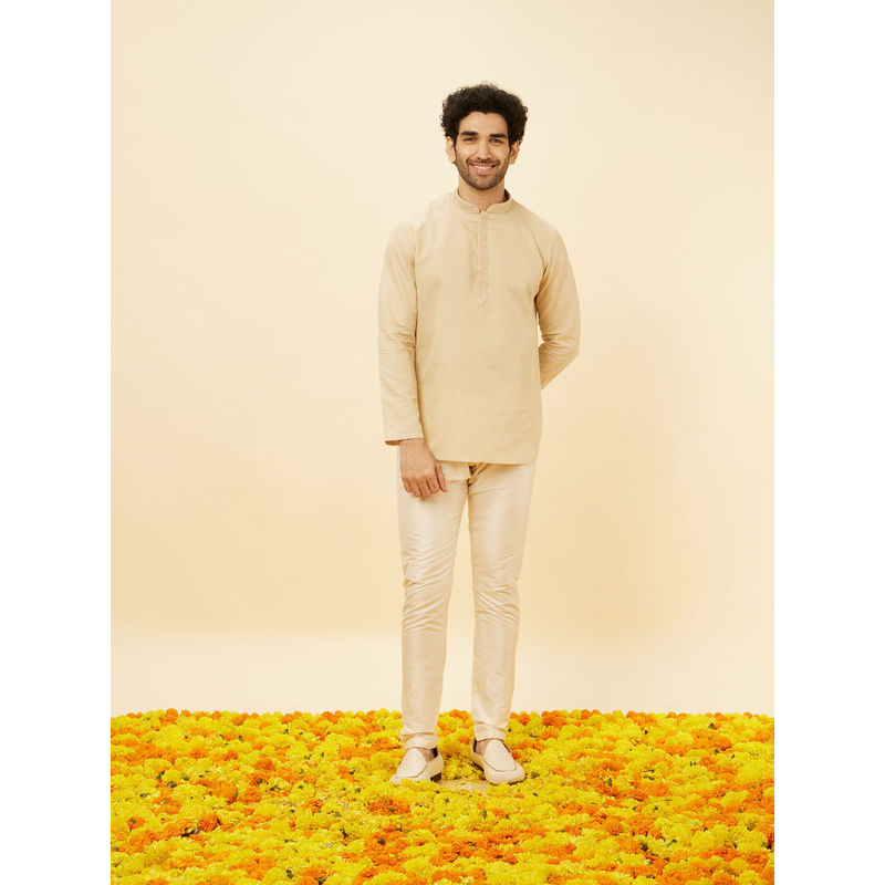 Manyavar Mens Beige Blended Linen Short Kurta (L)