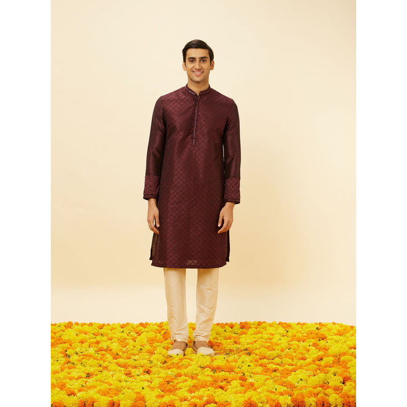 Manyavar Mens Wine Art Silk Kurta Pyjama (Set of 2) (M)