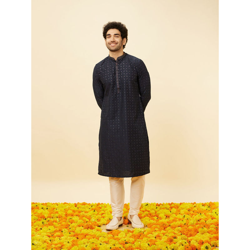 Manyavar Mens Blue Art Silk Kurta Pyjama (Set of 2) (S)