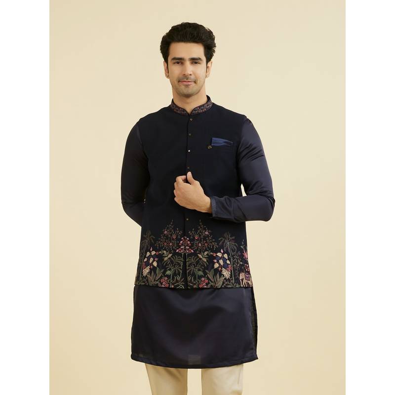Manyavar Men's Elegant Navy Blue Nehru Jacket with Pocket Pin & Pocket Square (M)