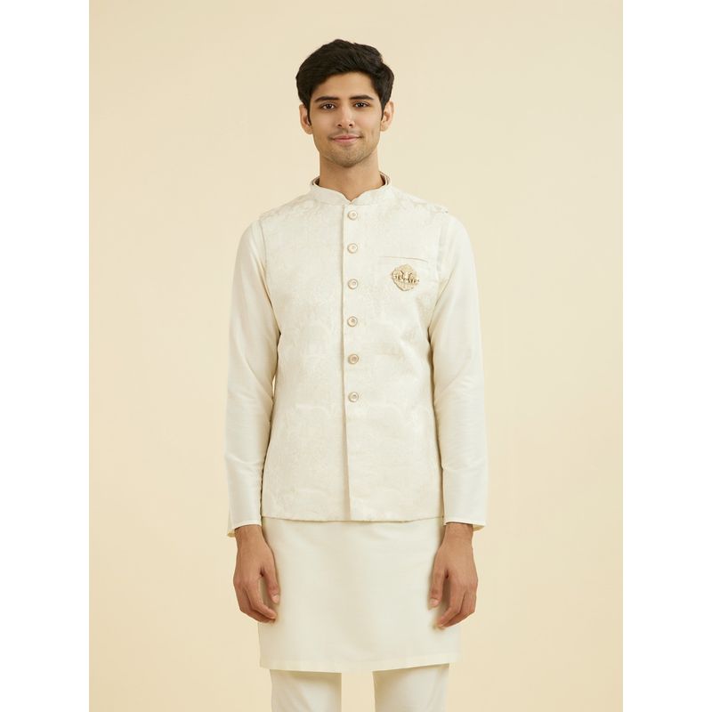 Manyavar Men's Cream Brocade Woven Nehru Jacket with Pocket Pin (S)