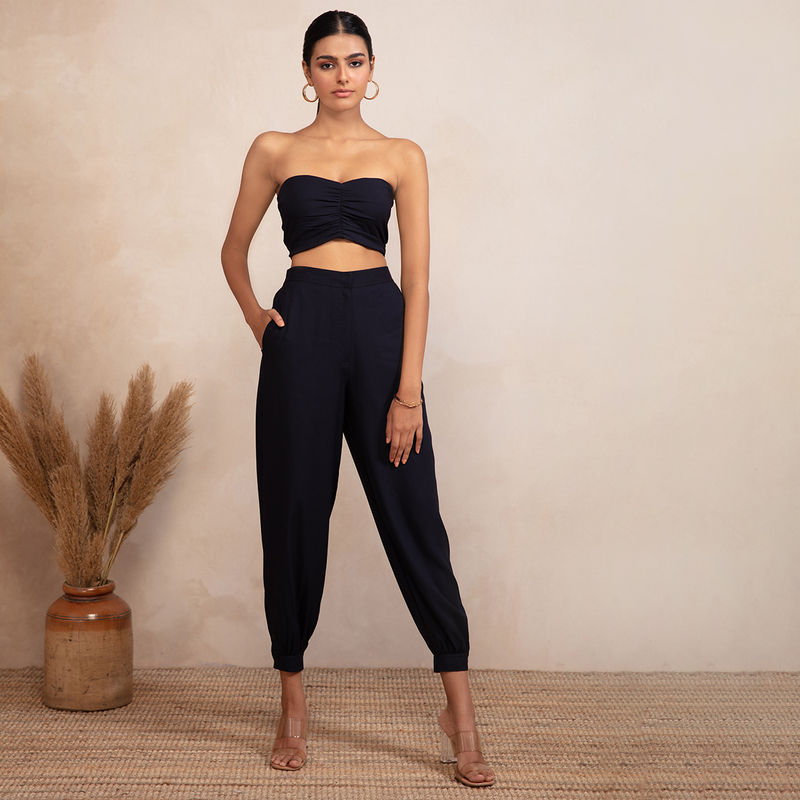 RSVP by Nykaa Fashion Blue Solid Tube Top and Straight Pants Co-Ord (Set of 2) (XL)