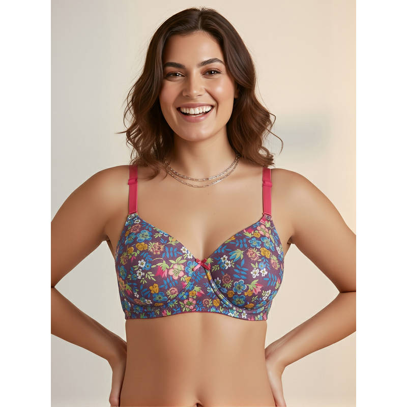 Clovia Purple Padded Non-Wired Full Coverage Floral Print Multiway T-Shirt Bra (32D)