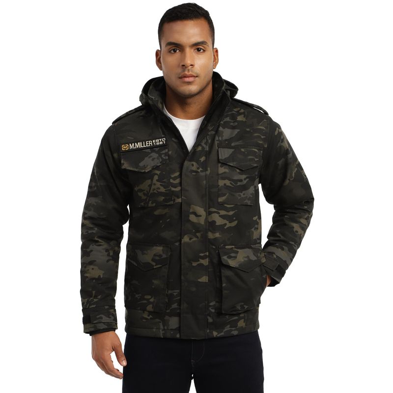 MountMiller Men's Camouflage M65 Ripstop Field Hooded Tactical Jacket | Multi-Pocket | Abrasion-Resistant (L)