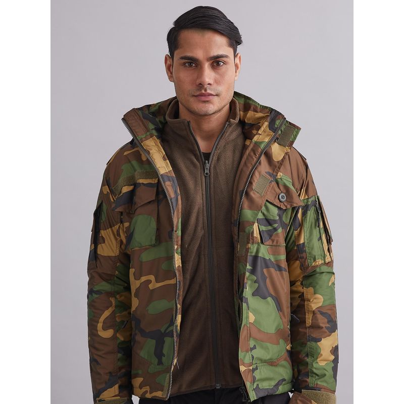 MountMiller Men's Camouflage Woodland 3 Layer Emerger Nylon Hooded Tactical Jacket | Water-Repellent (L)