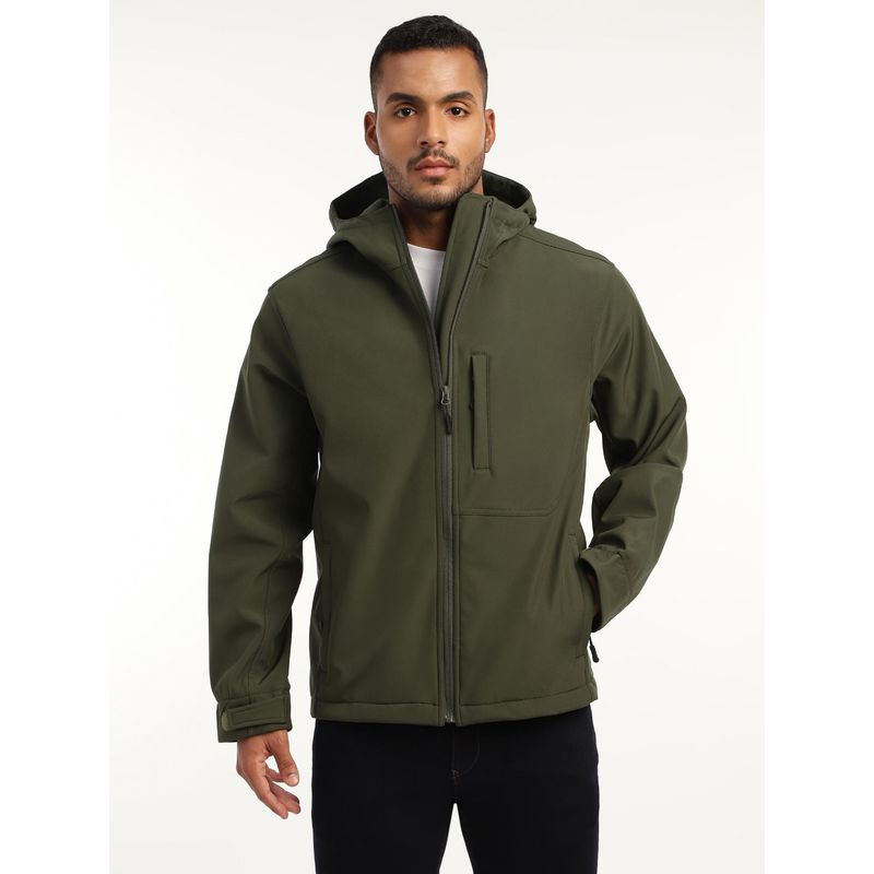 MountMiller Men's Full Sleeve Hooded Neck Olive Green DWR Tactical Softshell Jacket (S)