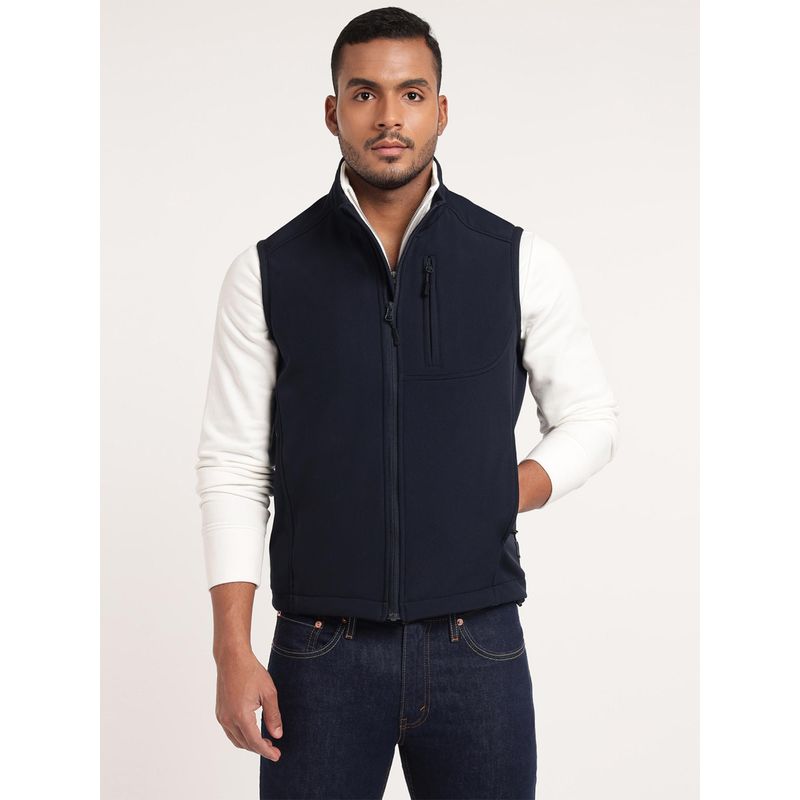 MountMiller Men's Navy Blue Solid High Neck Sleeveless Softshell Jacket (XL)