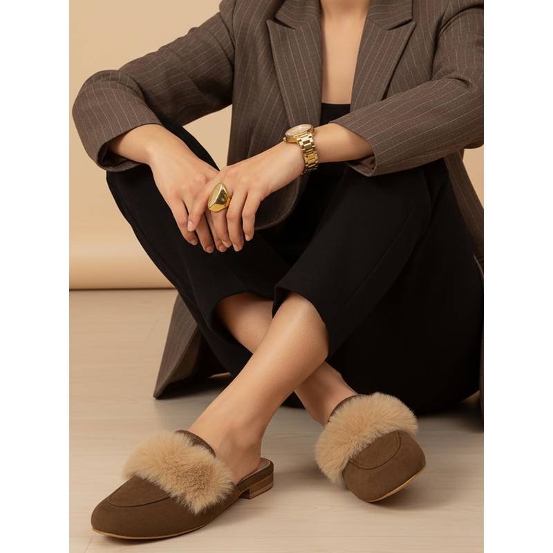 Carlton London Womens Faux Suede Mules with Faux Fur Trim Olive (EURO 36)