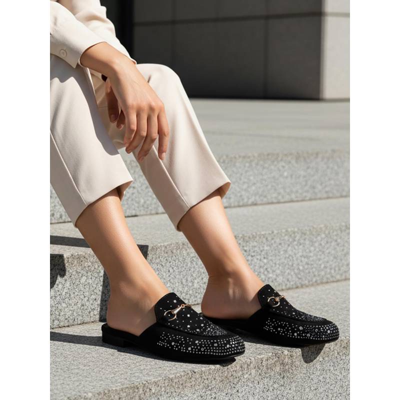 Carlton London Womens Studded Faux Suede Mules with Metallic Bit Detail Black (EURO 36)