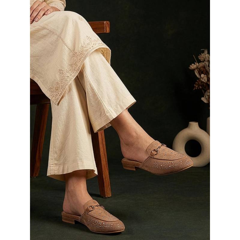 Carlton London Womens Studded Faux Suede Mules with Metallic Bit Detail Beige (EURO 36)