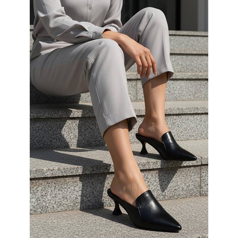 Carlton London Womens Metallic Pointed-Toe Slip-On Mules with Kitten Heel Black (EURO 36)