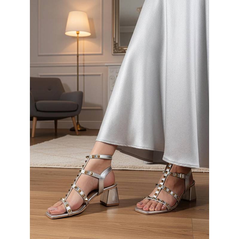 Carlton London Women Metallic Gold Studded Block Sandal Heels with Ankle Strap Silver (EURO 36)