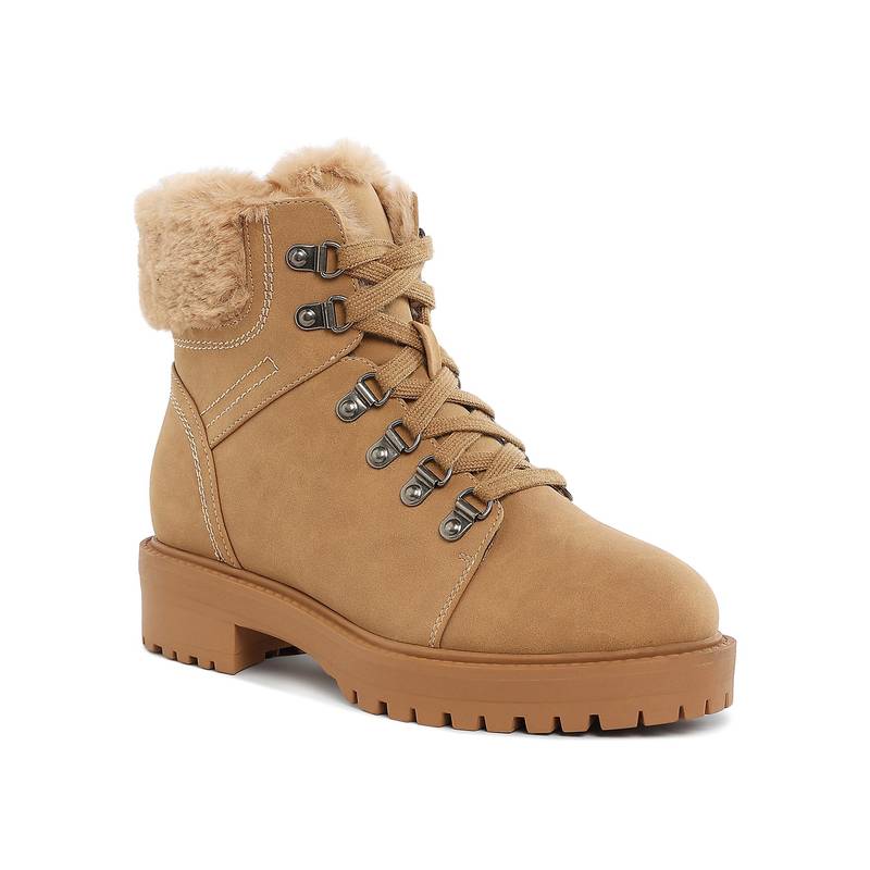 London Rag Womens Faux Fur Collar Ankle Boots Beige (EURO 38)