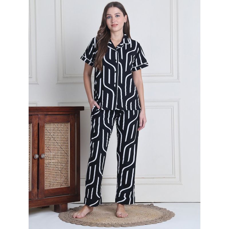 Secret Wish Women Black Abstract Shirt with Pyjama (Set of 2) (S)