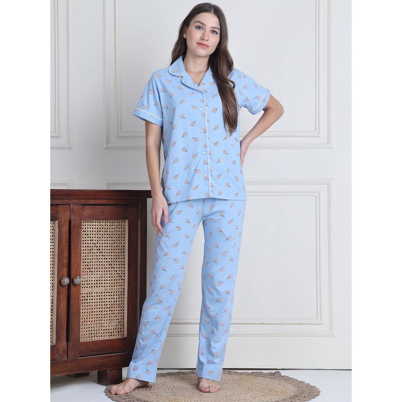 Secret Wish Women Blue Printed Shirt with Pyjama (Set of 2) (S)