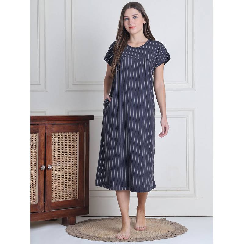Secret Wish Women Grey Stripes Nighty (S)