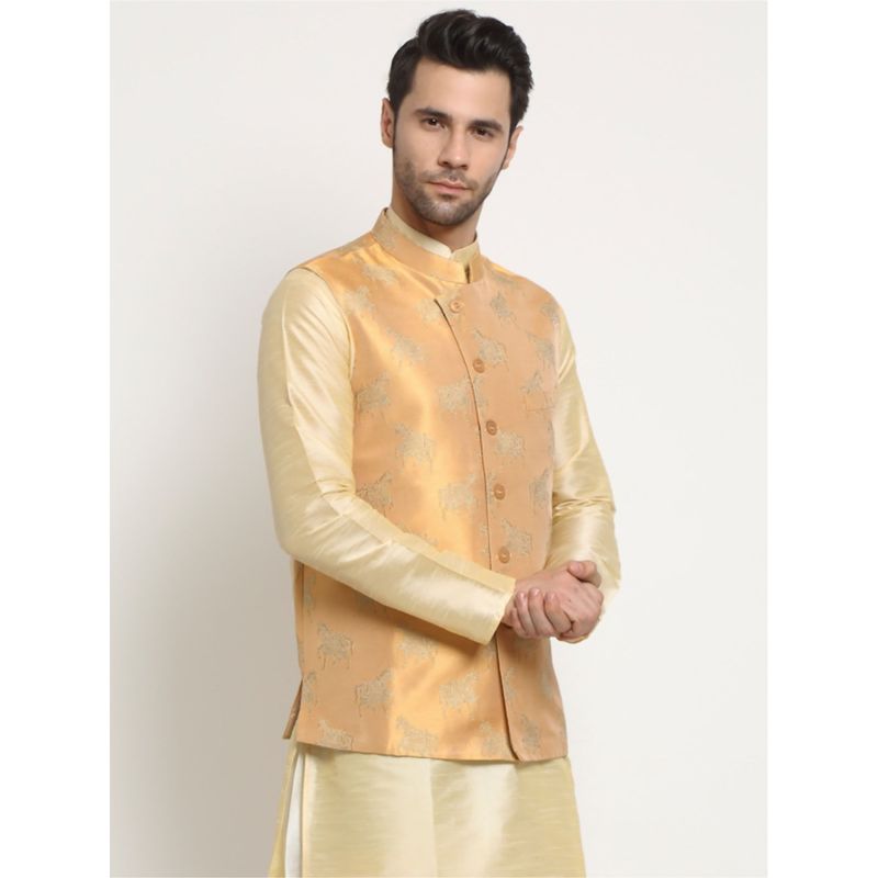 Neudis Men Jacquard Silk Blend Orange Nehru Jacket (38)