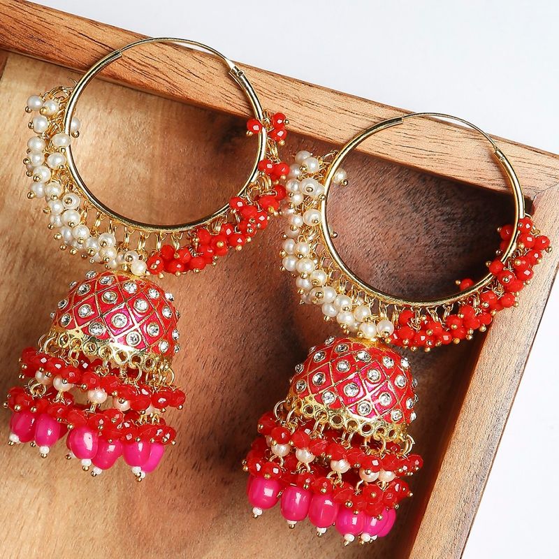 Buy OOMPH Pink Red Meenakari Enamel Large Bali Jhumka Earrings